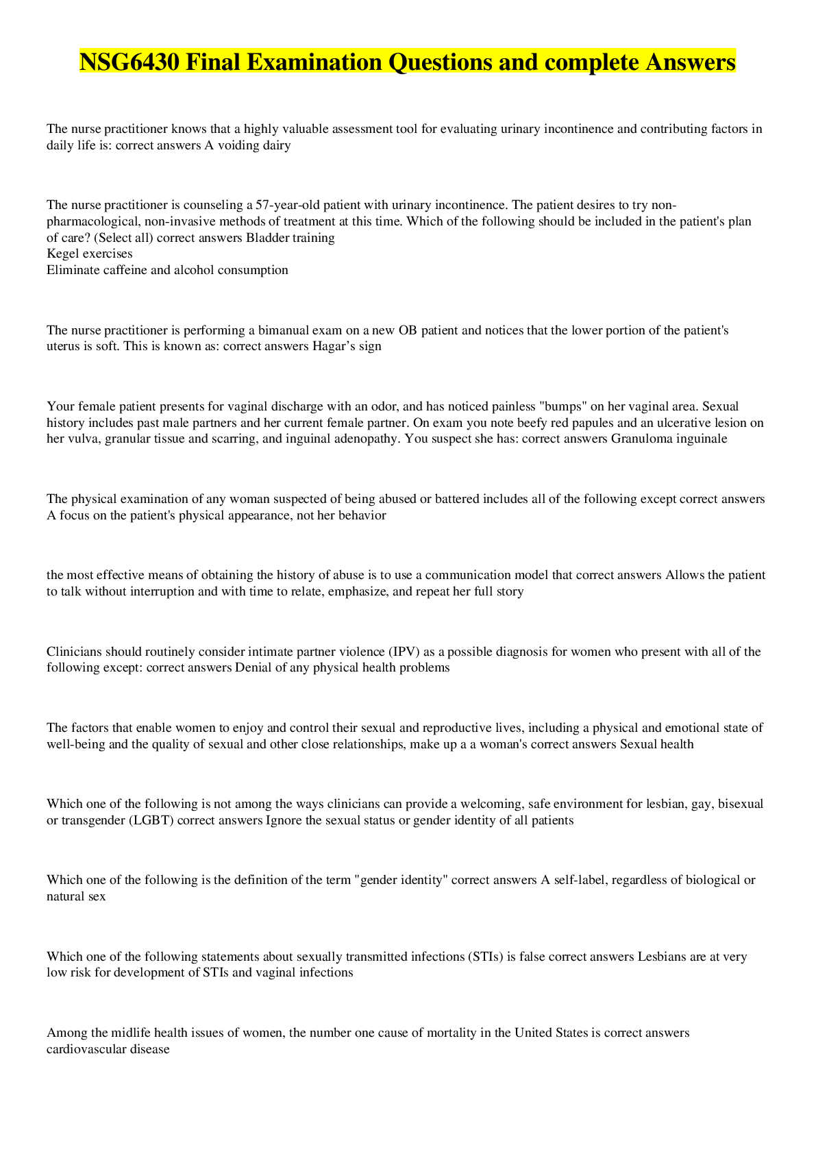 Preview image for NSG6430 Final Examination Questions and complete Answers